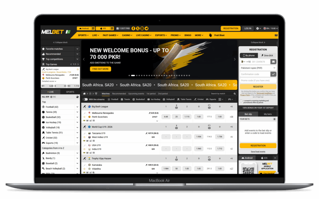 Melbet official website interface for online sports betting and casino games in Pakistan